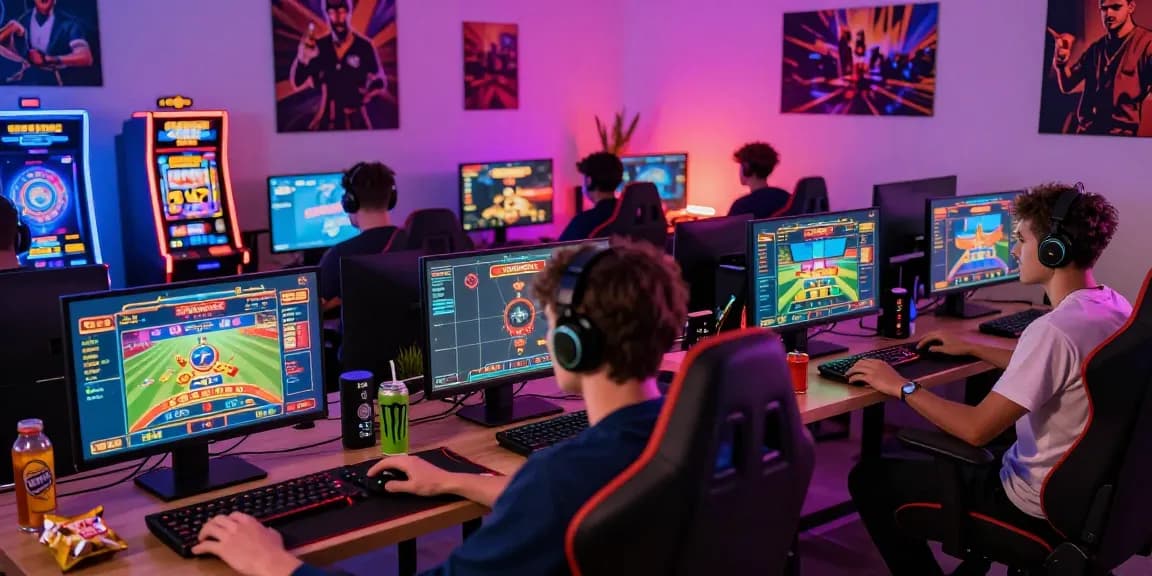 Engaged players at https://open88.games/ enjoying online gaming with colorful screens and snacks in a modern gaming setup.