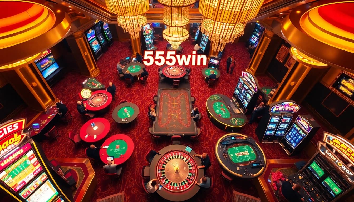 Players enjoying classic casino games at 555win with vibrant slot machines and roulette tables.