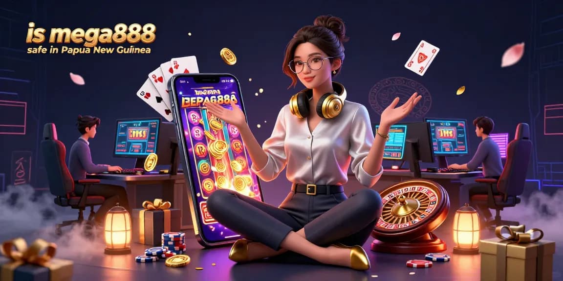 Engage with mega888 safe in Papua New Guinea, featuring an elegant gamer woman surrounded by lively casino elements.
