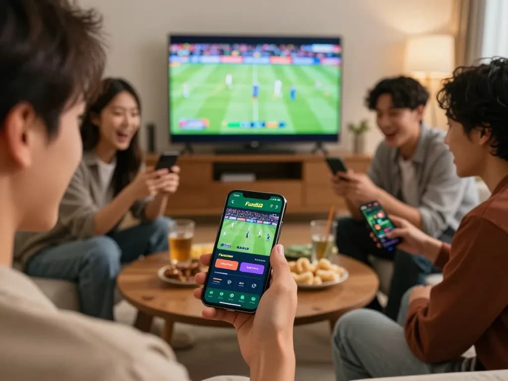 Excited friends engaging with the Fun88 app for sports betting in a cozy living room.
