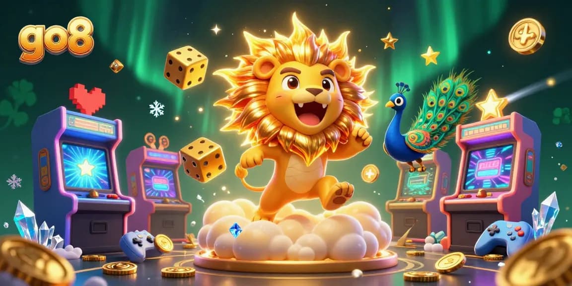 Play jackpot games at go8 as the sun lion roars, amidst vibrant casino elements.