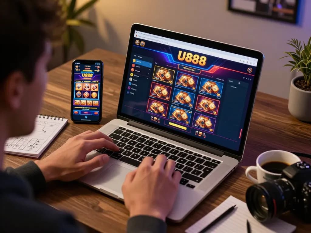 Player engaging in U888 online casino gameplay at a home setup, featuring strategy notes and interactive interface.