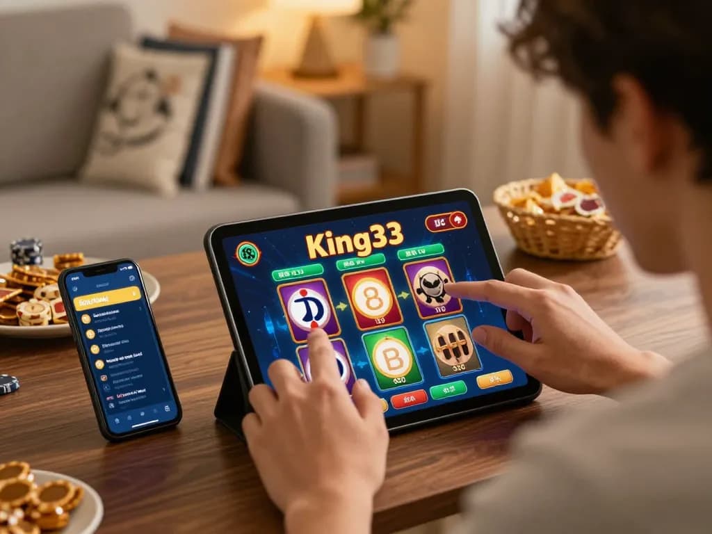 Player engaging with King33 online casino app on tablet amidst a cozy home setup, depicting dynamic gaming.