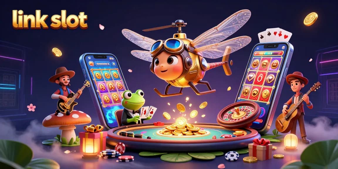 Menangkan jackpot dengan link slot yang menarik, karakter kasino yang hidup dan penuh semangat, slot berwarna cerah.