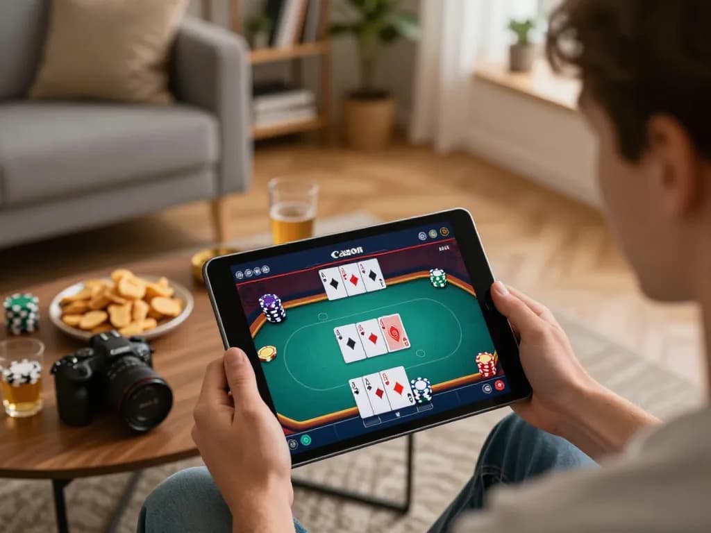 Người chơi tham gia vào một trò chơi poker trực tuyến chiến lược trên ứng dụng lucks8, trong một không gian ấm cúng ở nhà với đồ ăn nhẹ.