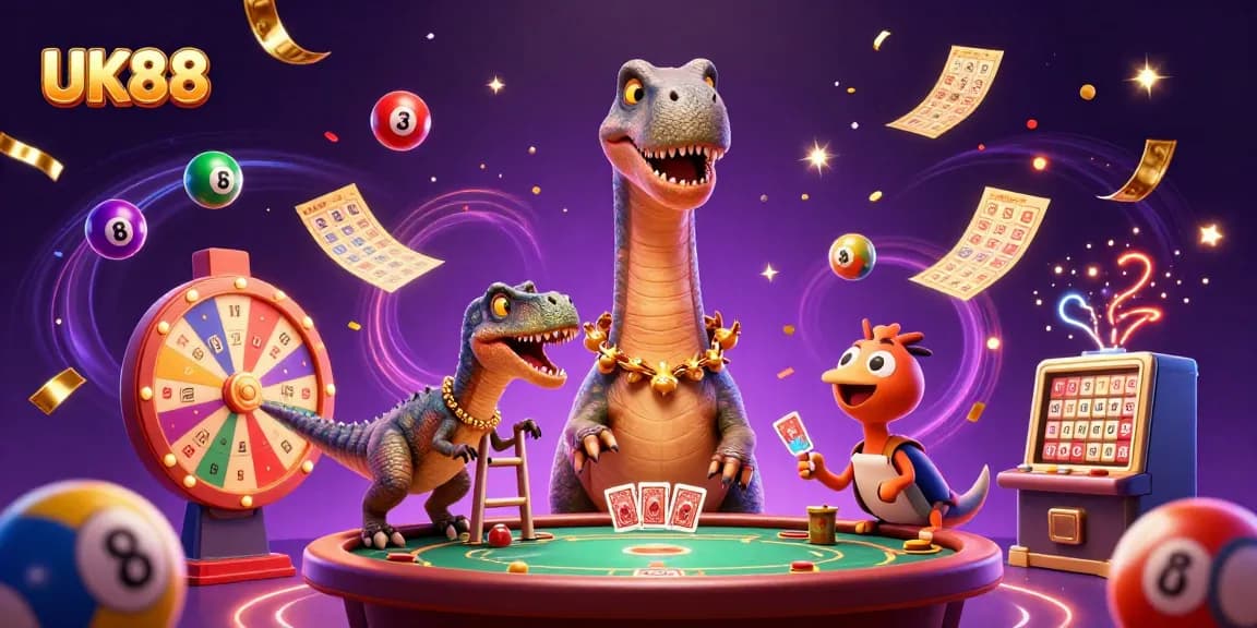 Experience UK88’s exciting atmosphere with a giant brontosaurus hosting a vibrant casino scene.