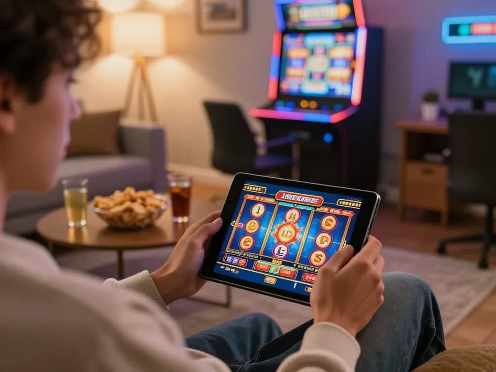Engaging in UGDEWA slot games on tablet in a cozy home setting, highlighting vibrant graphics and relaxed atmosphere.