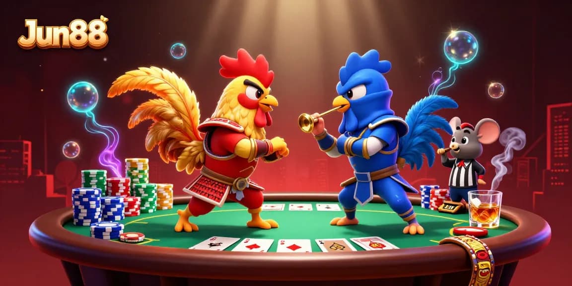 Experience Jun88's thrilling action as roosters battle while chips and cards surround them.