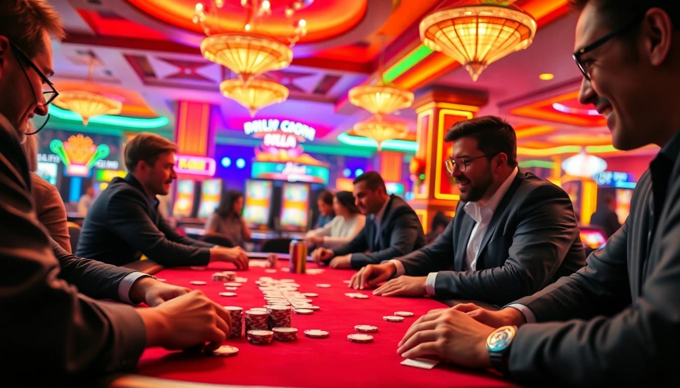 Kenangan4D menampilkan pemain poker antusias di meja kasino yang mewah.
