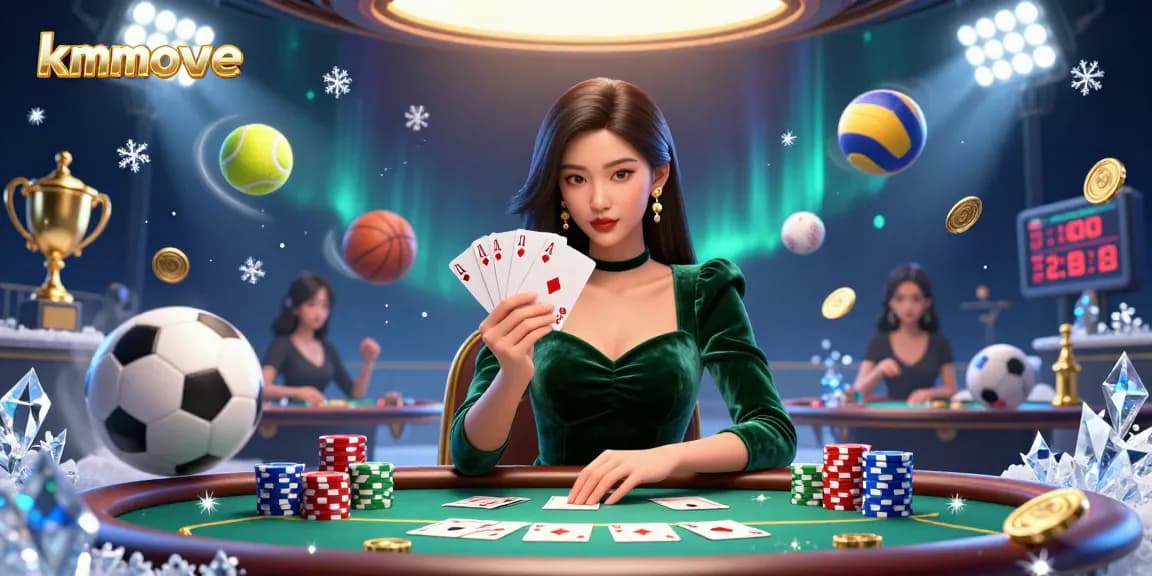 Watch kmovie sports betting action with a strategic Asian woman at a poker table, dynamic gambling elements surrounding her.