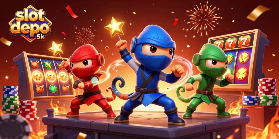 Slot depo 5k menampilkan ninja chameleon yang bertarung di kasino dengan simbol jackpot.