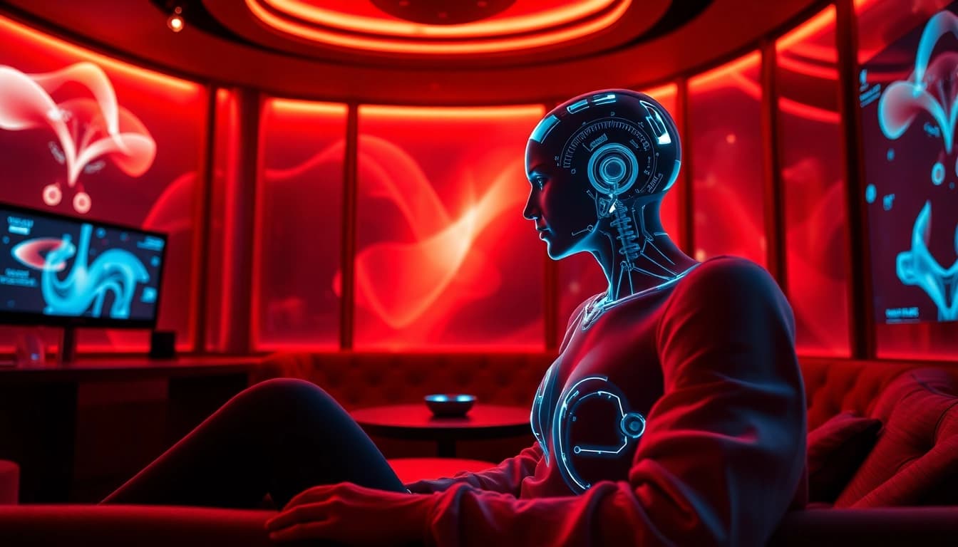 Engaging in sex ai chat with a captivating AI character in a luxurious digital lounge.