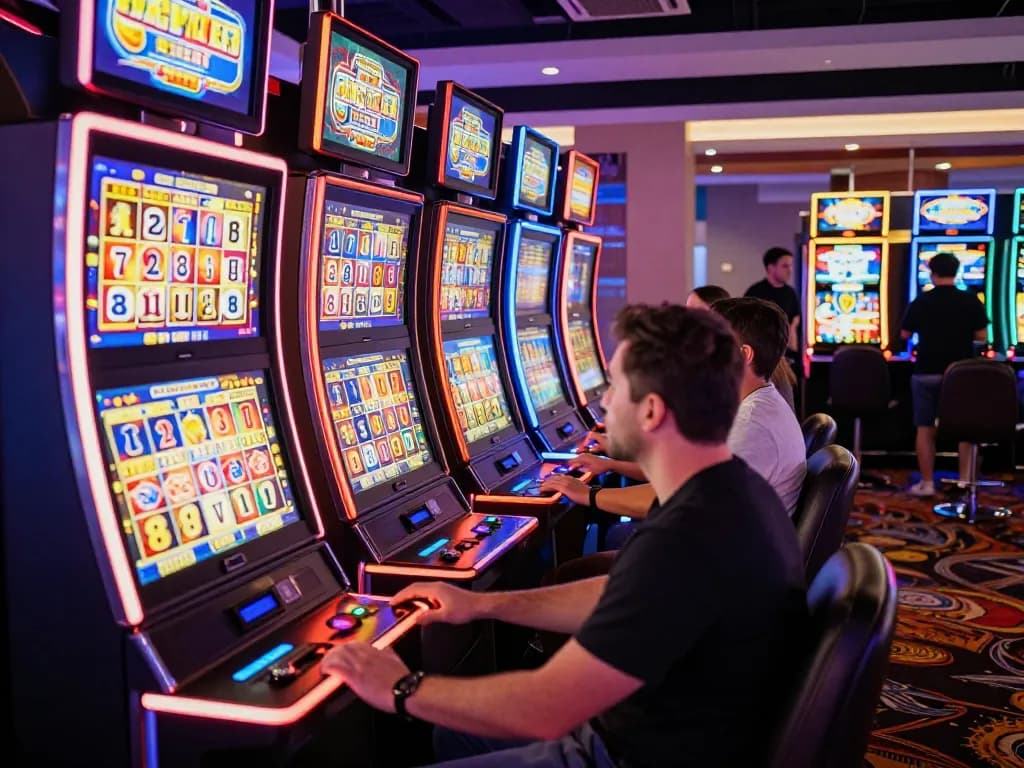 Players enjoying link slot machines in a lively casino setting, showcasing vibrant colors and engaging gameplay.