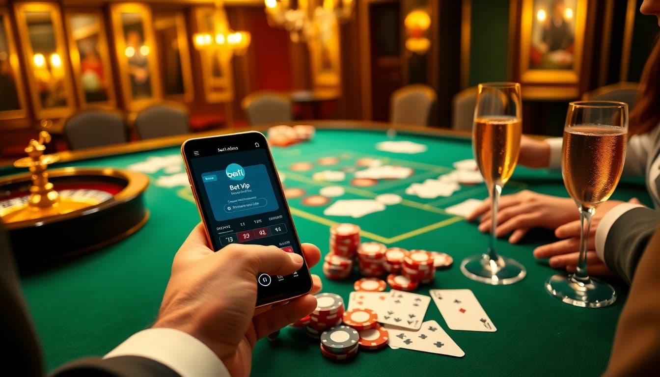 Trải nghiệm cảm giác hồi hộp khi cá cược với ứng dụng Bet VIP giữa bàn casino sôi động.