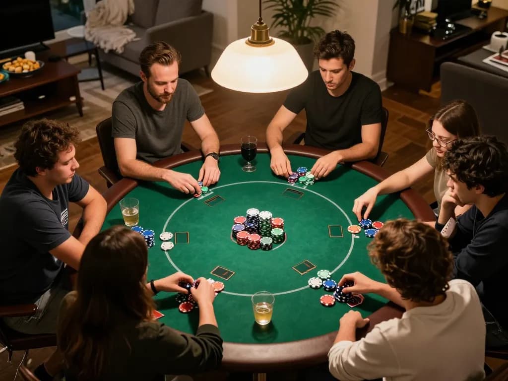 Players enjoying a thrilling game night at home with Canadian online casinos, showcasing strategic poker play and social interaction.
