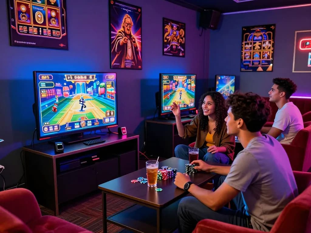 Exciting gaming night with kerajaanslot focus, friends engaged at a colorful console.