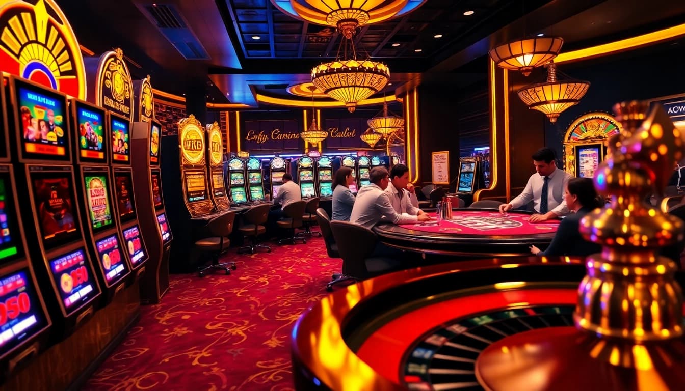 Jugadores celebrando grandes victorias en el casino bcbrl, rodeados de coloridas máquinas tragamonedas y mesas de póker.