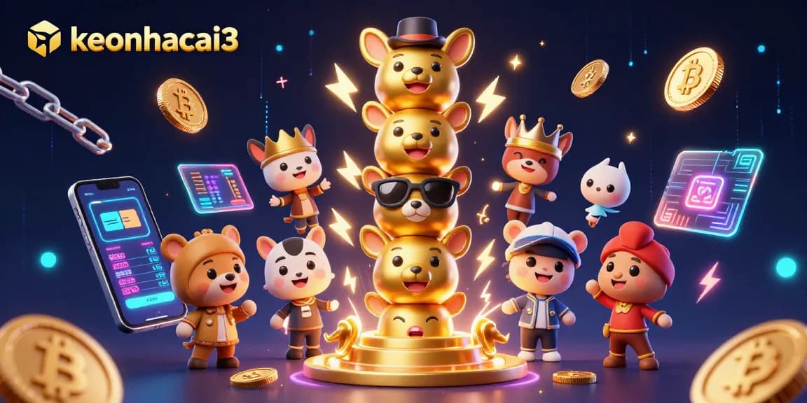 Experience thrilling gameplay with keonhacai3, featuring a vibrant 3D totem pole amidst cryptocurrency elements and casino excitement.