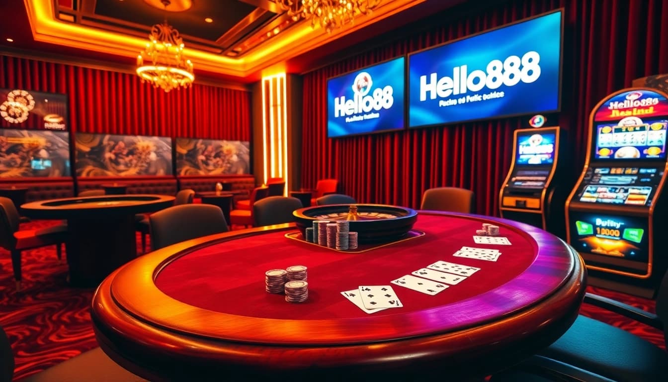 Hello88 elevates the thrill of gambling with a luxurious casino scene showcasing poker chips, cards, and a roulette wheel.
