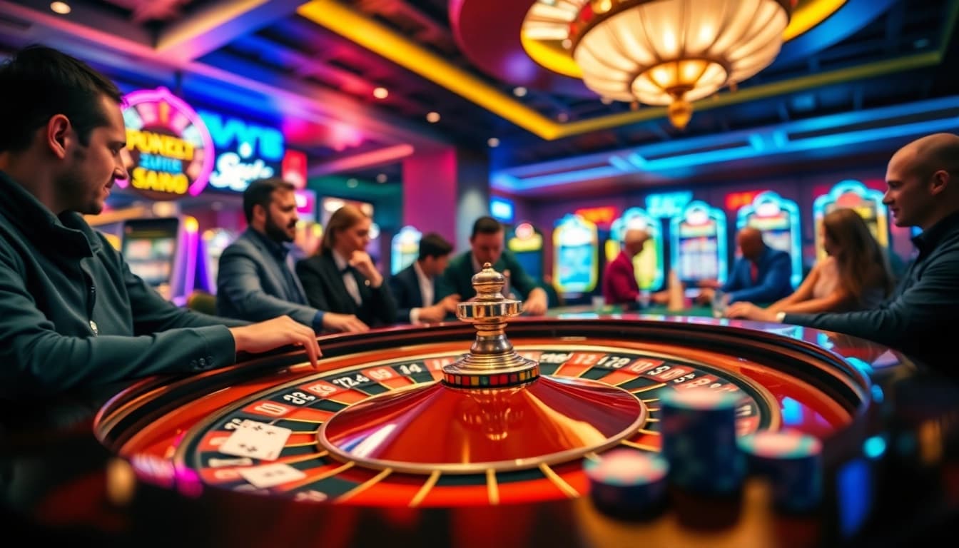 Menghadiri permainan ARAHTOGEL di kasino dengan pemain penuh semangat dan efek lampu cerah.
