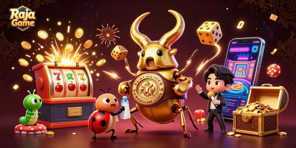 Experience Raja Game's excitement with a vibrant 3D illustration of an epic casino scene filled with fun.
