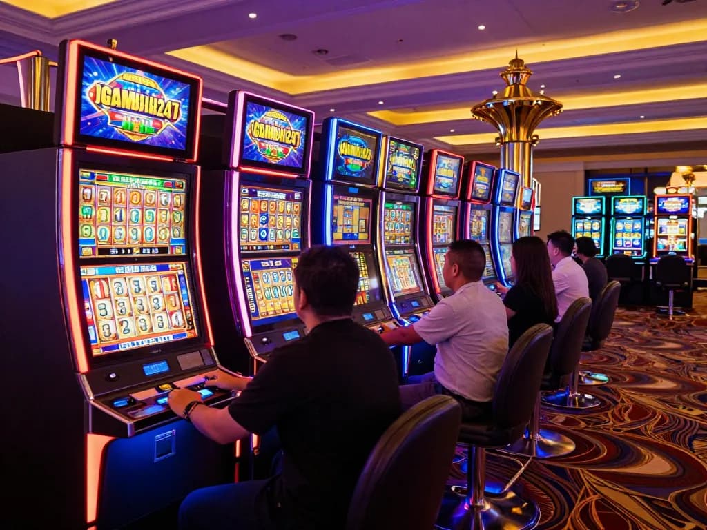 Igamble247 Slot players engaging in vibrant gameplay at colorful casino machines, showcasing excitement.