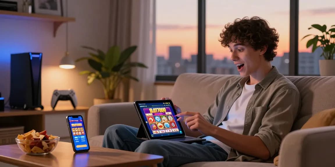 User enjoying SLOT7000 on a tablet in a cozy living room, highlighting engaging online gaming experience.