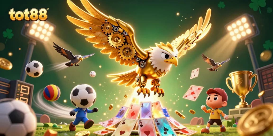 tot88 engaging in exciting sports betting action with vibrant 3D illustration of golden eagle and dynamic elements
