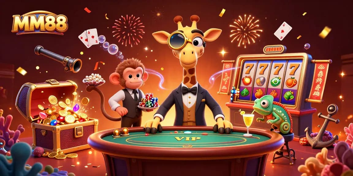 Engaging MM88 casino illustration showcasing a high-roller giraffe at a poker table with vibrant gaming elements.