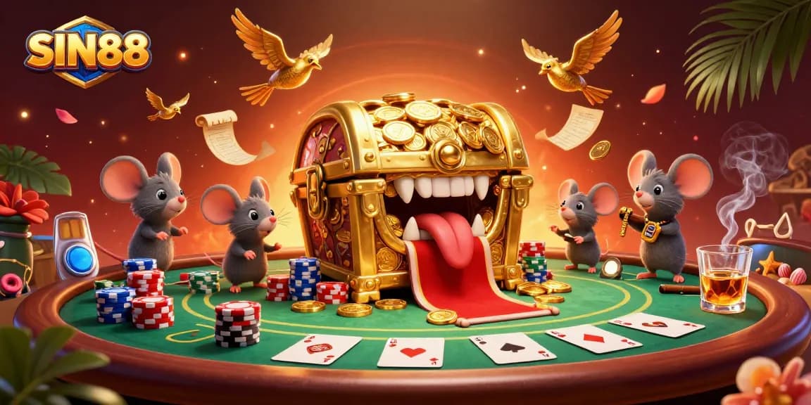 SIN88 showcases a vibrant 3D cartoon casino scene with treasure chests, poker chips, and lively characters.