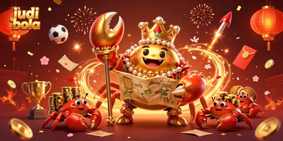 Engage in judi bola with excitement as a golden crab emperor leads a dynamic casino scene filled with sports betting elements.