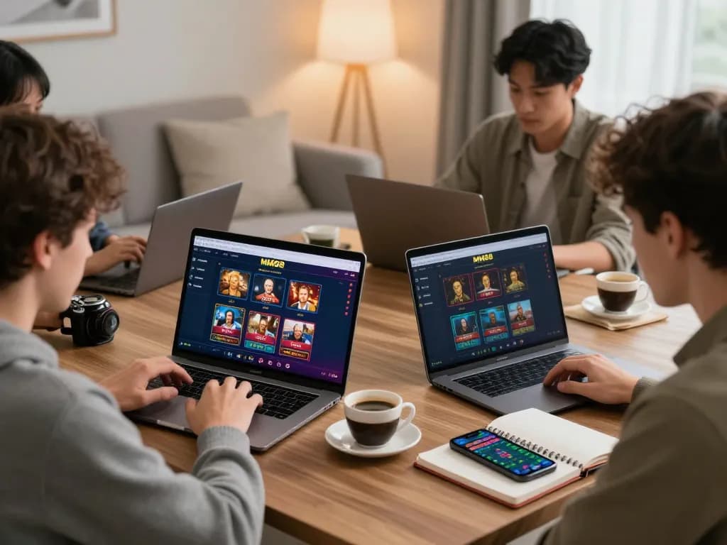 Players engaging with MM88 casino platform on laptops while enjoying warm home atmosphere.