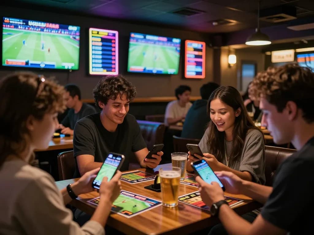 Friends enjoying a sports betting night with smartphones on UGDEWA games, vibrant bar atmosphere.
