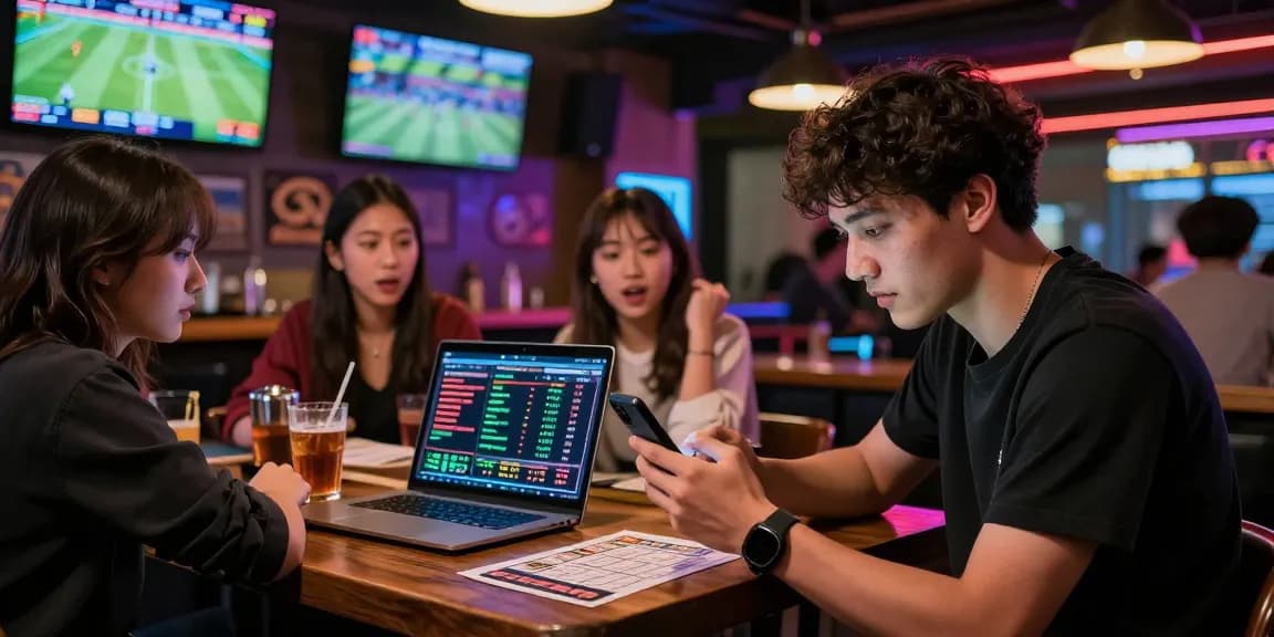 Engaging scene at OPEN88 showcasing diverse individuals actively participating in sports betting, with dynamic displays and lively atmosphere.