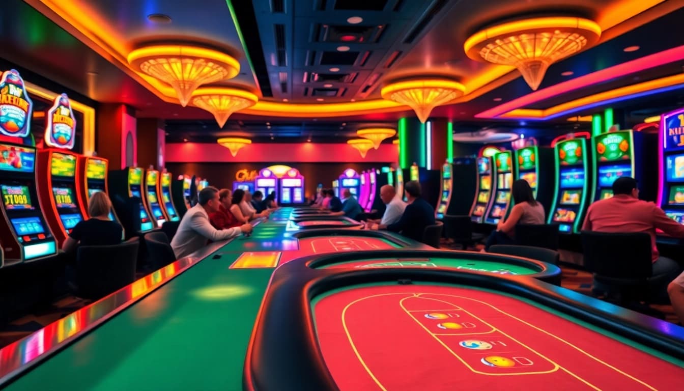 Faszinierendes Spielerlebnis auf casino spiele.de in einem lebhaften Casino mit Slotmaschinen und Pokertischen.