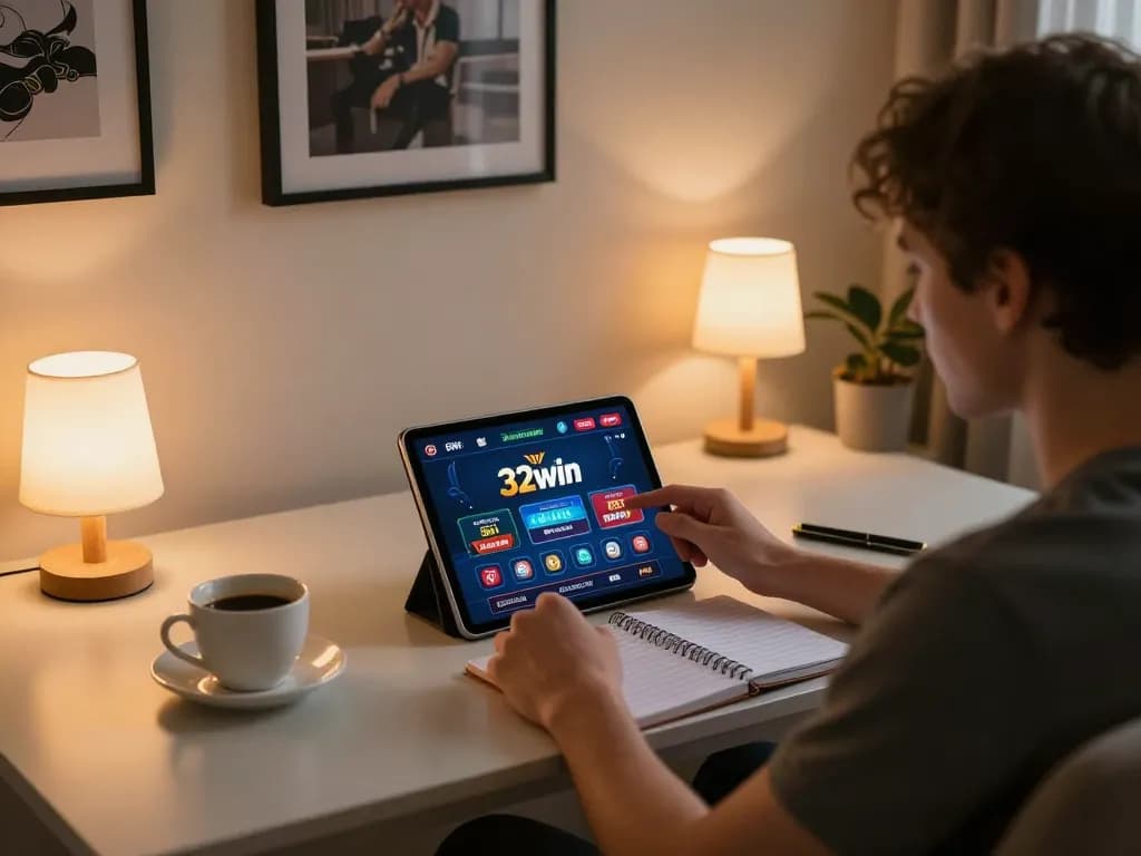 Engaging in online gambling with the 32win app on a tablet in a cozy home setting