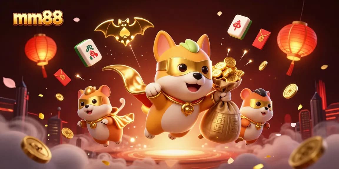 Experience thrilling gameplay at mm88 as a superhero dog flies with gold coins amidst festive casino elements.
