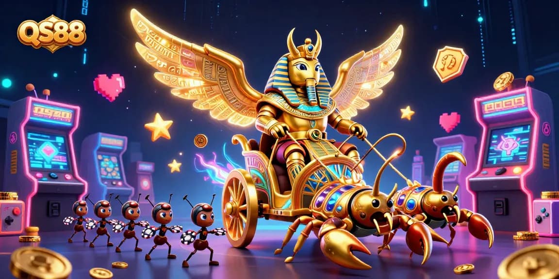 Experience thrilling gameplay at QS88 with a vibrant illustration of a golden scarab beetle and casino action.