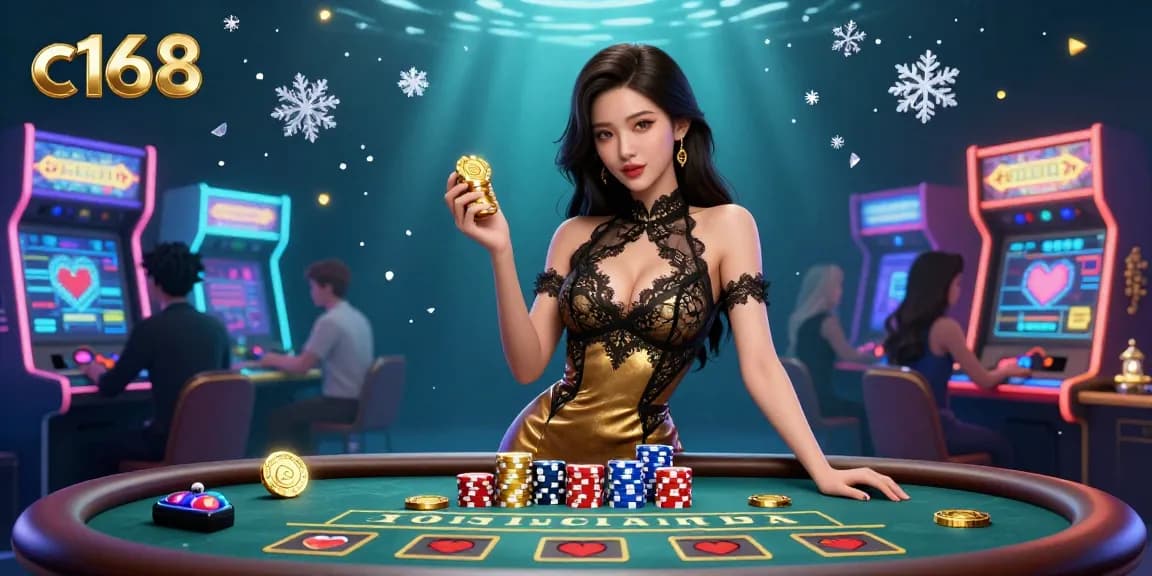 Experience high-stakes betting at c168 with an elegant scene featuring a glamorous baccarat player amidst vibrant casino elements.