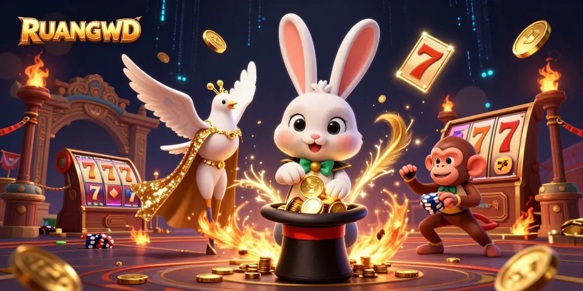 Engage in thrilling gameplay at RUANGWD with a magician rabbit, dove, and monkey in a vibrant casino scene.