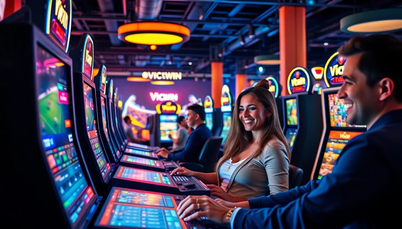 VICWIN online casino experience with diverse players celebrating wins in a vibrant gaming environment.