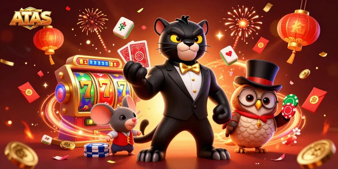 Experience thrilling gameplay at ATAS with stylish characters enjoying slots and casino action in festive surroundings.