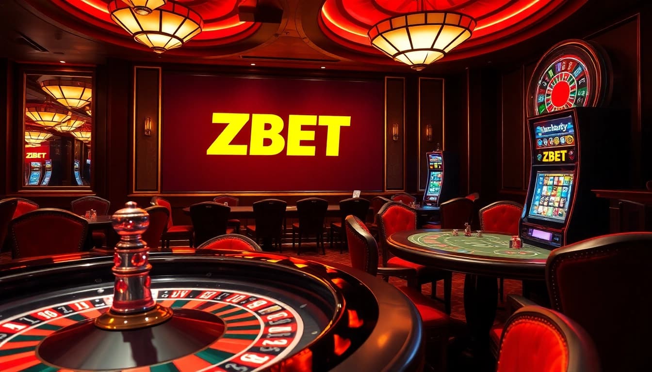 ZBET casino scene with players at poker tables and a roulette wheel, showcasing excitement and luxury.