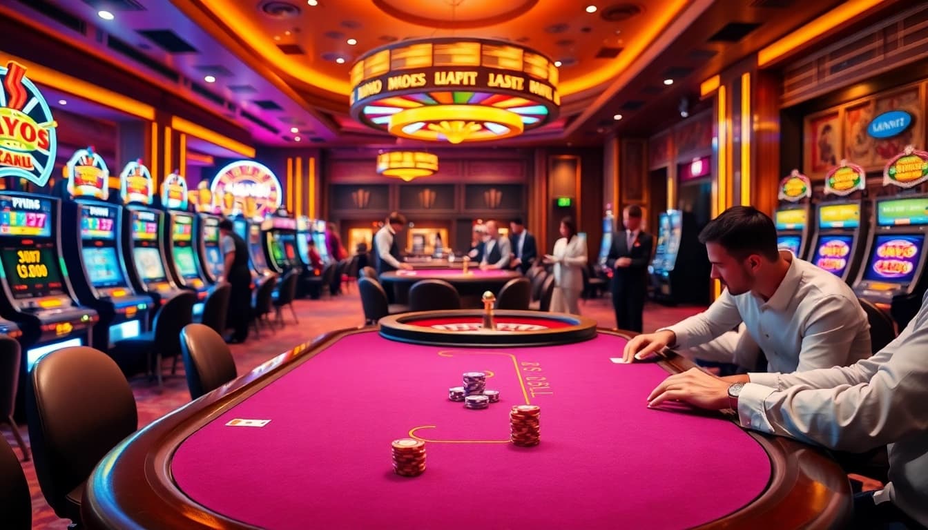 Players engage in a thrilling poker game at Man88, surrounded by vibrant casino decor and mood lighting.