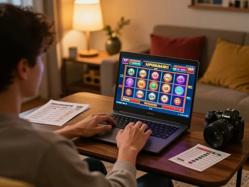 Engaged player enjoys online slots at home with sc88vn gaming setup, showcasing vibrant graphics.