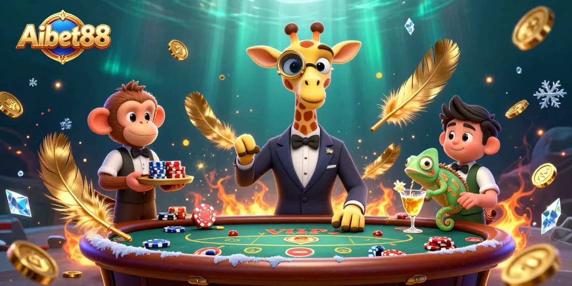 Aibet88 casino scene with a high-roller giraffe at a poker table and energetic game elements