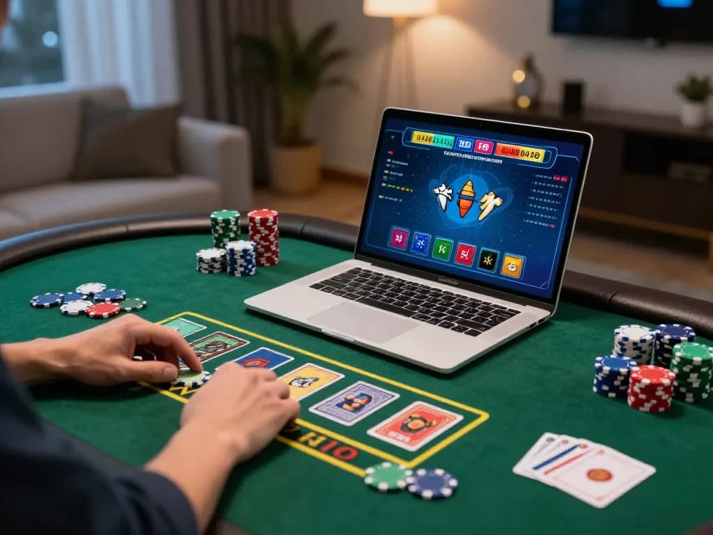 Engaging online gambling scene with vn23 casino gameplay on a laptop at home, showcasing excitement and strategy.