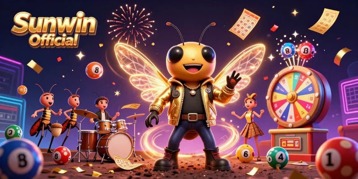 Engage with Sunwin Official in this vibrant 3D illustration, showcasing a cartoon rock star and dynamic game elements.