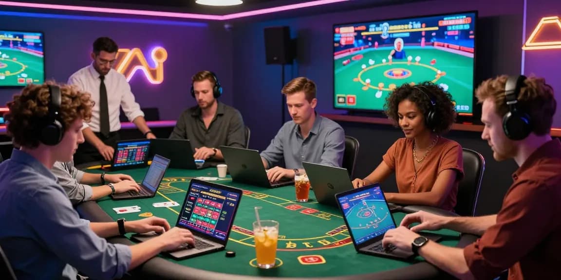 Engaging scene of players enjoying online credit card casinos with laptops and live dealer games, showcasing a vibrant and energetic atmosphere.
