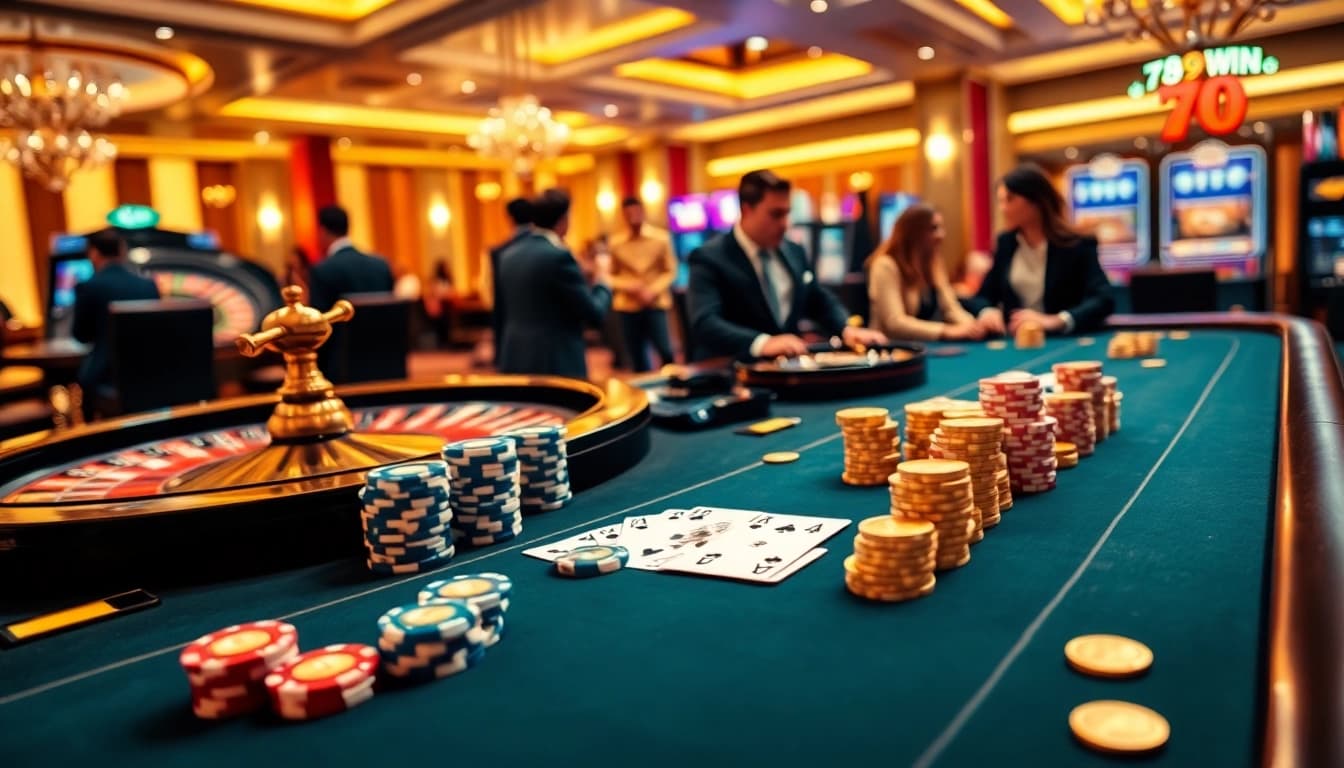Engaging players enjoying the thrill of games at https://789wins1.net/ casino with poker chips and vibrant lights.
